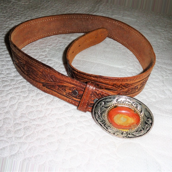 Vintage Accessories - Vintage Western Buckle Tooled Belt TigerEye Jasper